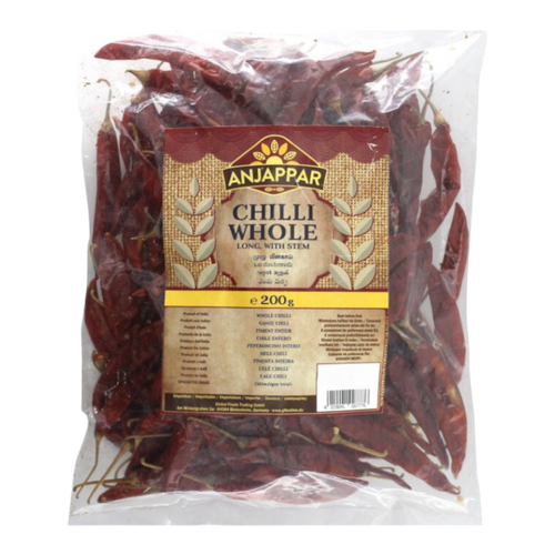 Anjappar - 200g Ganze getrocknete Chili (mit Stiel)