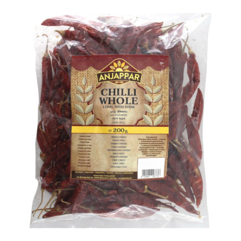 Anjappar - 200g Ganze getrocknete Chili (mit Stiel)