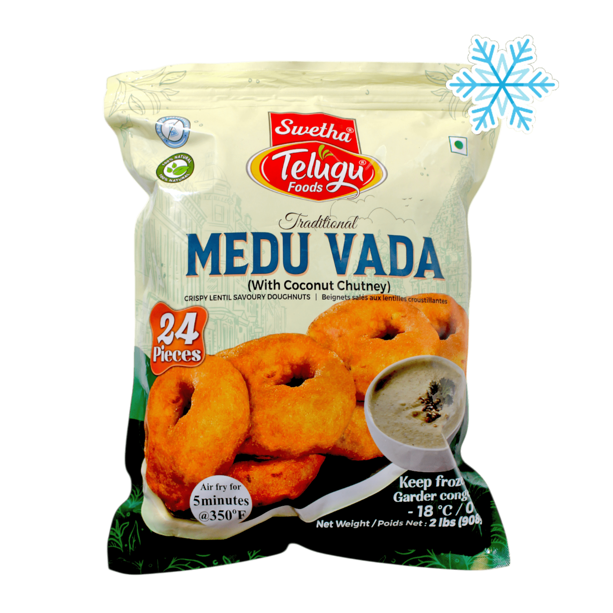 Telugu - 908g (Gefroren) Medu Vada 24 Stück mit Kokosnuss-Chutney